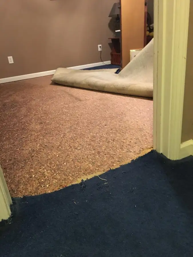 Carpet pad removal revealing water damage during Drying & Dehumidification in Elizabeth